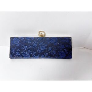 VINTAGE Navy Blue Floral Brocade Evening Clutch Gold Tone Kiss Lock Bag